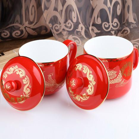 中国红瓷礼品瓷龙凤对杯结婚喜创意图片