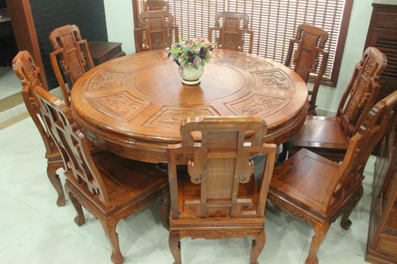 红木家具餐厅餐桌椅组合圆桌9件套批发