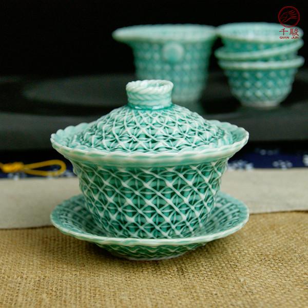 供应纯手工编制陶瓷功夫茶具盖碗青瓷盖碗编织三才盖碗